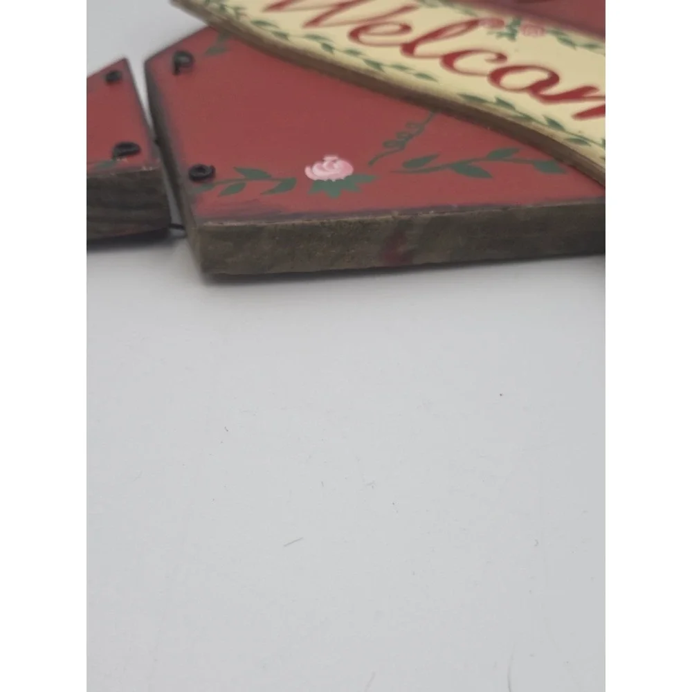 Wooden Heart Shaped WELCOME Sign w/Pink Roses  Cottagecore Country Folk Art